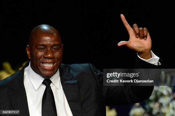 Earvin 'Magic' Johnson speaks during a memorial service for Los Angeles Lakers owner Dr. Jerry Buss at the Nokia Theatre L.A. Live on February 21,...