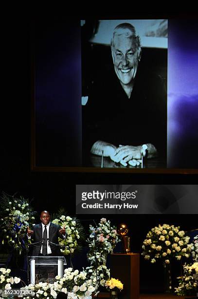 Earvin 'Magic' Johnson speaks during a memorial service for Los Angeles Lakers owner Dr. Jerry Buss at the Nokia Theatre L.A. Live on February 21,...