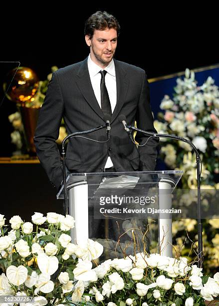 Pau Gasol of the Los Angeles Lakers speaks during a memorial service for Los Angeles Lakers owner Dr. Jerry Buss at the Nokia Theatre L.A. Live on...