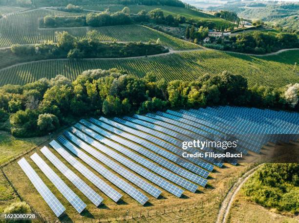 vue aérienne d’une ferme solaire à la campagne - équipement-industriel photos et images de collection