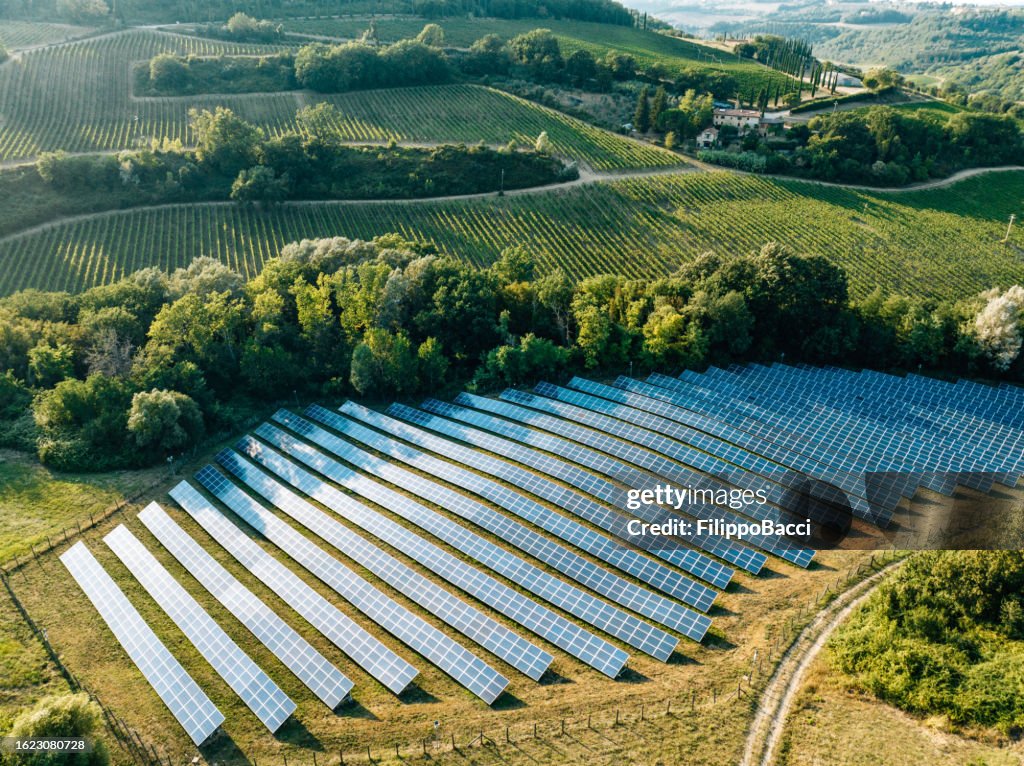 Aerial view of a solar farm in the countryside