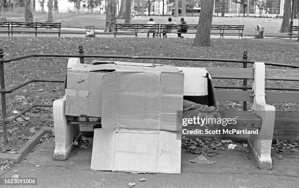 View of bare feet, protruding from under a makeshift shelter constructed out of cardboard boxes, on a bench in Union Square Park, New York, New York,...