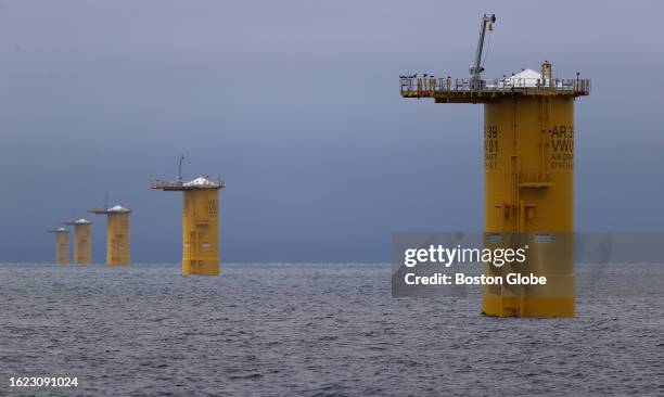 New Bedford, MA A row of mono piles that will be the base for offshore wind turbines. Monitoring ships working 42 miles from New Bedford and about 20...