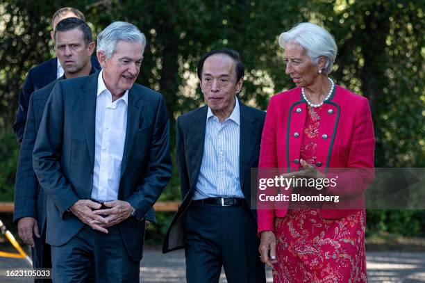 Jerome Powell, chairman of the US Federal Reserve, from left, Kazuo Ueda, governor of the Bank of Japan , and Christine Lagarde, president of the...