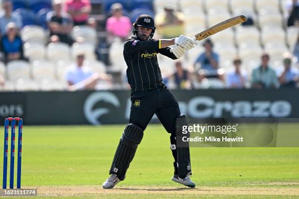 Jack Taylor of Gloucestershire hits a boundary during the Metro Bank One Day Cup between Sussex Sharks and Gloucestershire at The 1st Central County...