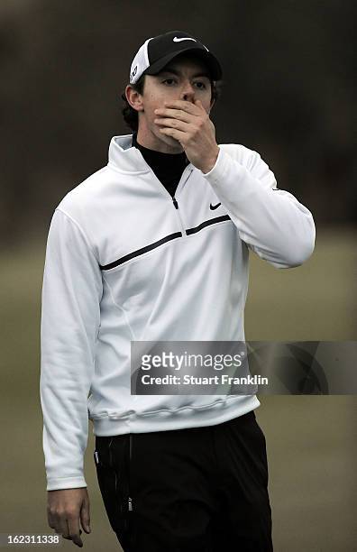 Rory McIlroy of Northern Ireland reacts after he lost his match to Shane Lowry of Ireland during the first round of the World Golf Championships -...
