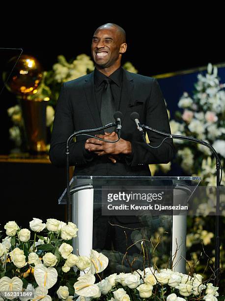 Kobe Bryant of the Los Angeles Lakers speaks during a memorial service for Los Angeles Lakers owner Dr. Jerry Buss at the Nokia Theatre L.A. Live on...