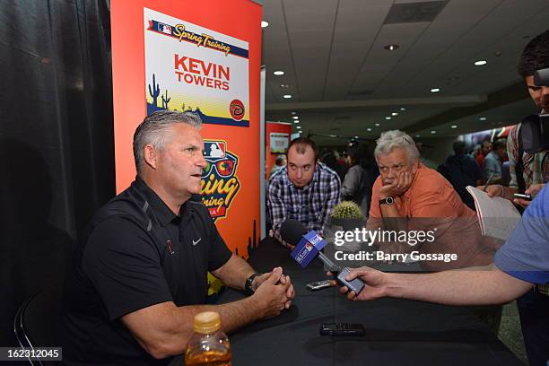 Kevin Towers Executive Vice President & General Manager of the Arizona Diamondbacks talks to the media at the 2013 Media Day on February 18, 2013 at...