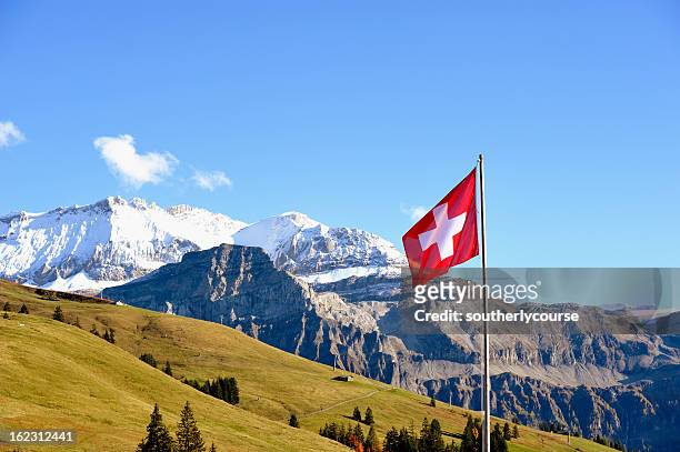 schweizer flagge an der vorderseite der berner alpen panorama - flagge schweiz stock-fotos und bilder