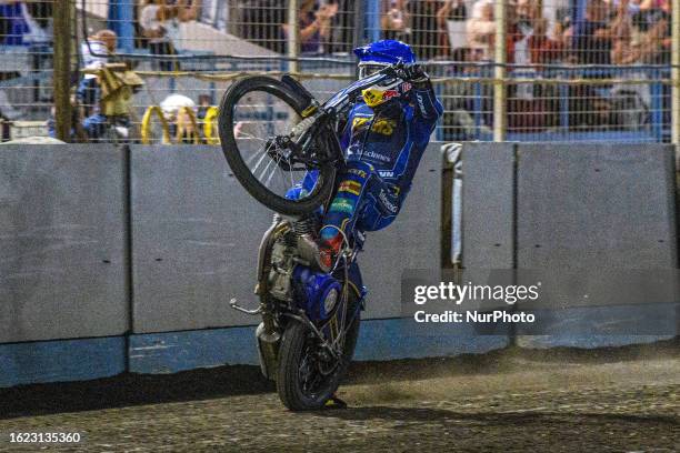 Robert Lambert celebrates with a wheelie during the Sports Insure Premiership match between King's Lynn Stars and Belle Vue Aces at the Adrian Flux...
