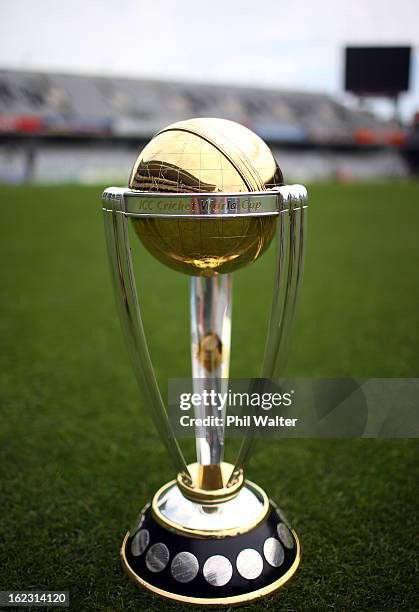 The ICC Cricket World Cup Trophy is pictured at Eden Park on February 22, 2013 in Auckland, New Zealand. Today marks two years to go until the 2015...