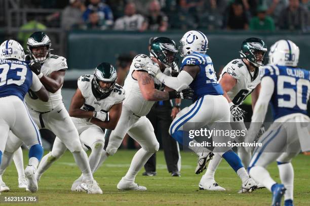 Philadelphia Eagles offensive tackle Dennis Kelly sets up to block during the Preseason game between the Indianapolis Colts and the Philadelphia...