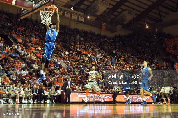 Rasheed Sulaimon of the Duke Blue Devils goes up for a dunk against the Virginia Tech Hokies at Cassell Coliseum on February 21, 2013 in Blacksburg,...