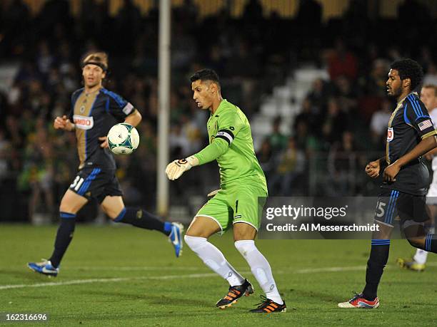 Goalie Miguel Gallardo of Orlando City sets to kick upfield against the Philadelphia Union February 9, 2013 in the first round of the Disney Pro...