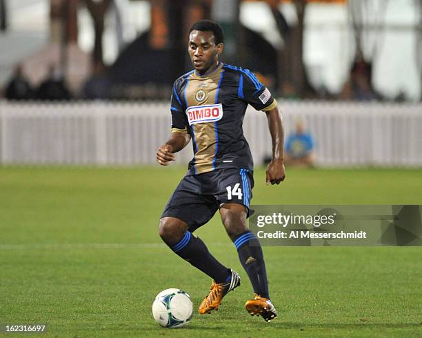 Midfielder Amobi Okugo of the Philadelphia Union runs upfield against Orlando City February 9, 2013 in the first round of the Disney Pro Soccer...