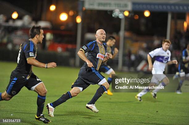 Forward Conor Casey of the Philadelphia Union runs upfield against Orlando City February 9, 2013 in the first round of the Disney Pro Soccer Classic...
