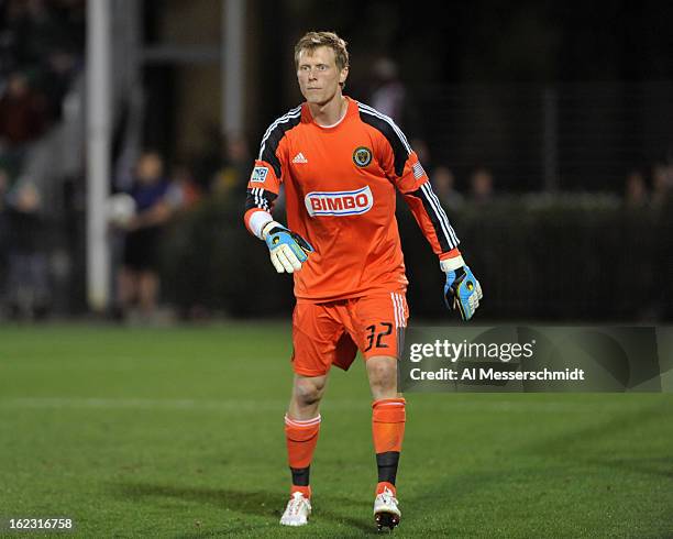 Goalkeeper Chase Harrison of the Philadelphia Union sets for play against Orlando City February 9, 2013 in the first round of the Disney Pro Soccer...