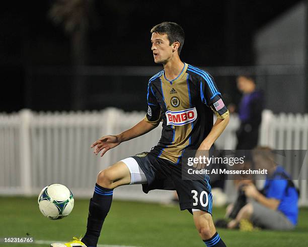 Defender Eric Schoenie of the Philadelphia Union runs upfield against Orlando City February 9, 2013 in the first round of the Disney Pro Soccer...