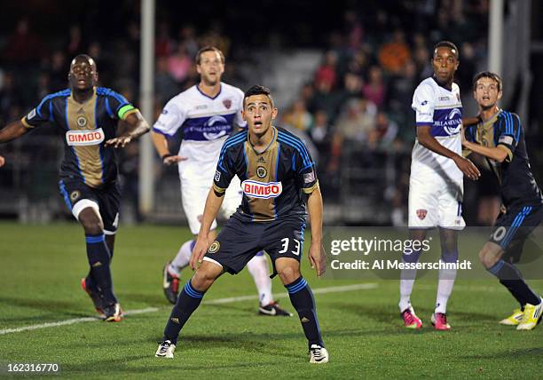Midfielder Leo Fernandes of the Philadelphia Union looks for a corner kick against Orlando City February 9, 2013 in the first round of the Disney Pro...
