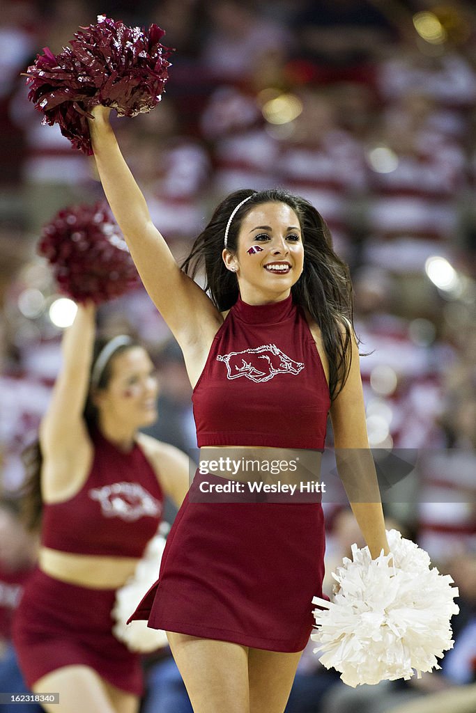 Arkansas Razorbacks Cheer A Arkansas Razorbacks cheerleader performs during a game against the ...