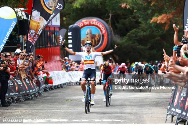 Oier Lazkano Lopez of Spain and Movistar Team celebrates at finish line as stage winner during the 45th Vuelta a Burgos 2023, Stage 4 a 157km stage...