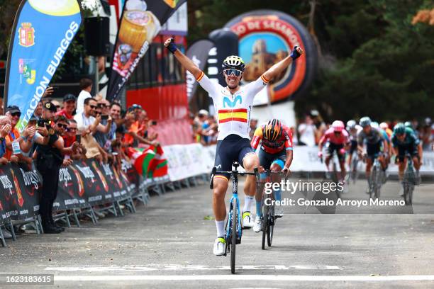 Oier Lazkano Lopez of Spain and Movistar Team celebrates at finish line as stage winner during the 45th Vuelta a Burgos 2023, Stage 4 a 157km stage...