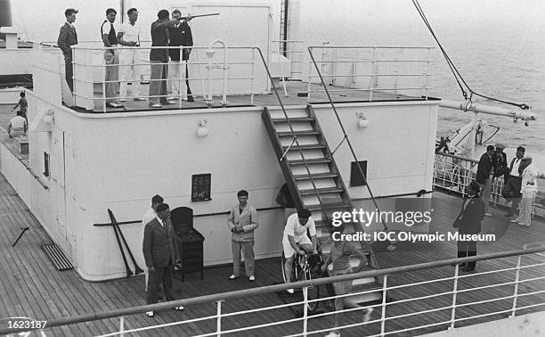 The French Team train for the Cycling events on board the "Lafayette" before the 1932 Olympic Games in Los Angeles. \ Mandatory Credit: IOC Olympic...