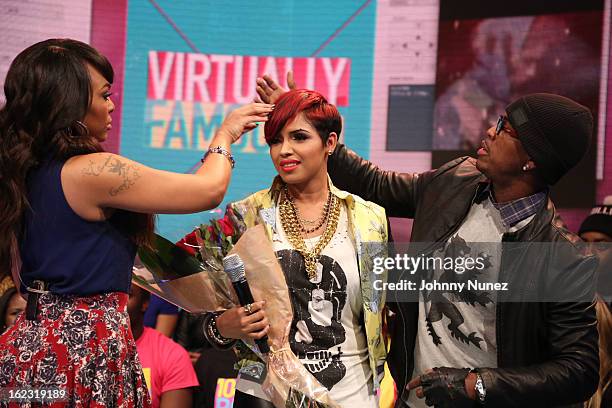 Kimberly 'Paigion' Walker, RaVaughn and Ne-Yo visit BET's "106 & Park" at BET Studios on February 21, 2013 in New York City.