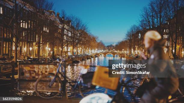illuminated arch bridge over canal amidst trees and buildings at night - herengracht stockfoto's en -beelden