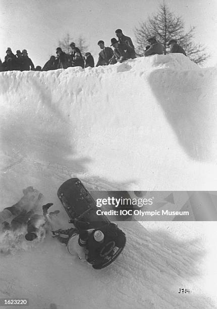 The Polish Team fail to corner and crash during the 4-Man Bobsleigh event at the 1928 Winter Olympic Games in St Moritz, Switzerland. \ Mandatory...