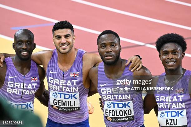 Britain's Eugene Amo-Dadzie, Britain's Adam Gemili, Britain's Jona Efoloko and Britain's Jeremiah Azu pose for a picture after the men's 4x100m relay...