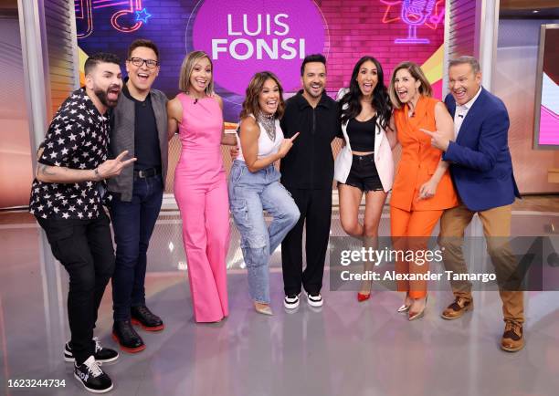 Jomari Goyso, Raul Gonzalez, Satcha Pretto, Karla Martinez, Luis Fonsi, Cynthia Urias, Elyangelica Gonzalez and Alan Tacher are seen on the set of...