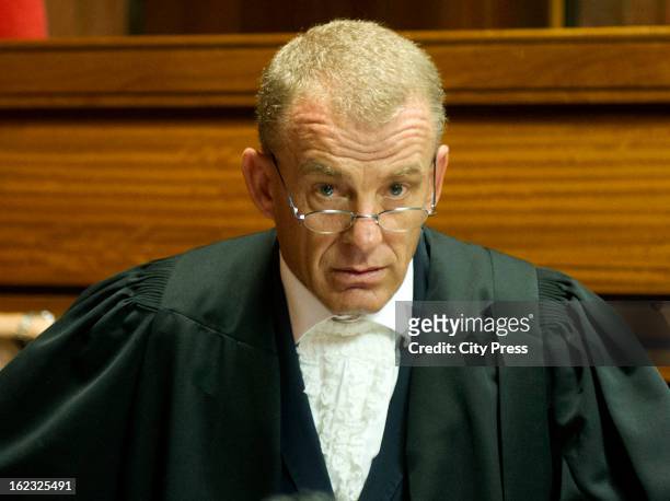 South African State Prosecutor, Advocate Gerrie Nel, in the Pretoria Magistrate Court during Oscar Pistorius's bail hearing on February 21, 2013 in...