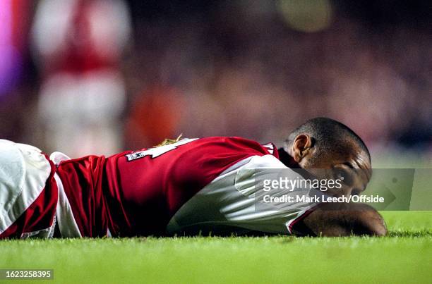 September 2002 London - FA Barclaycard Premiership - Arsenal v Manchester City - Thierry Henry of Arsenal lies on the turf.