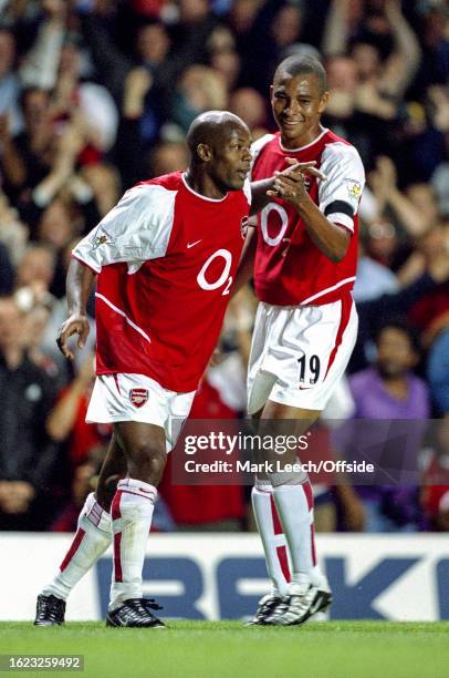 September 2002, London - FA Barclaycard Premiership - Arsenal v Manchester City - Sylvain Wiltord celebrates his goal with Arsenal teammate Gilberto...