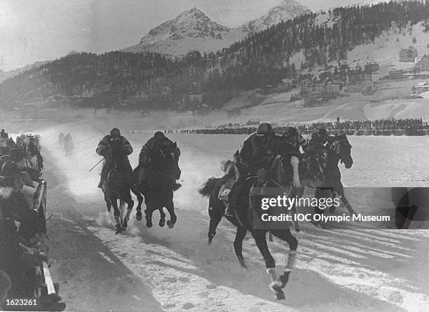 Competitors in action during the Horse Racing event at the1928 Winter Olympic Games on the frozen Lake in St Moritz, Switzerland. Horse Racing was a...