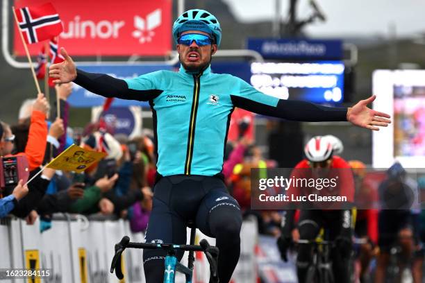 Michele Gazzoli of Italy and Astana Qazaqstan Team celebrates at finish line as stage winner during the 10th Arctic Race of Norway, Stage 2 a 153.4km...