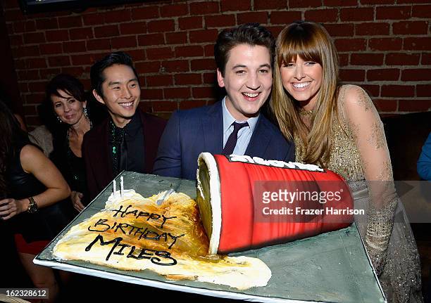 Actors Justin Chon, Miles Teller and Sarah Wright attend Relativity Media's "21 and Over" premiere after party at Westwood Brewing Co on February 21,...