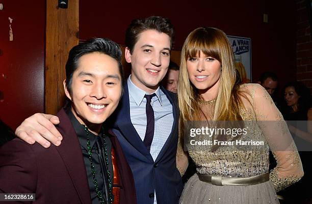 Actors Justin Chon, Miles Teller and Sarah Wright attend Relativity Media's "21 and Over" premiere after party at Westwood Brewing Co on February 21,...