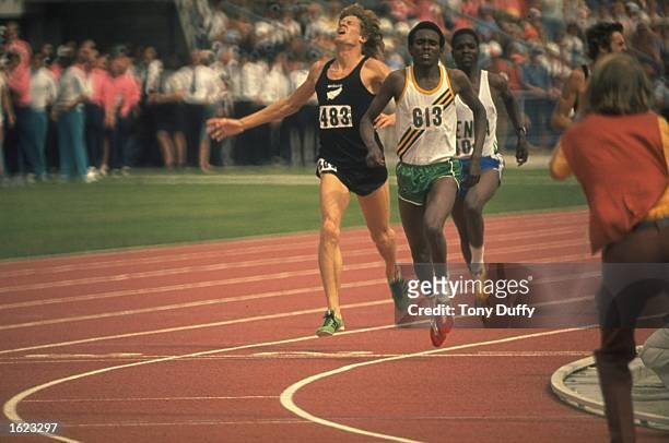 Filbert Bayi of Tanzania beats John Walker of New Zealand and Ben Jipcho of Kenya to win the 1500 metres in a new World Record at the 1974...