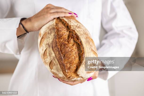 the hands of a young cook are holding freshly baked cereal bread - sourdough bread stock pictures, royalty-free photos & images