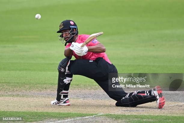 Cheteshwar Pujara of Sussex tries to sweep but is trapped lbw by Tom Smith of Gloucestershire during the Metro Bank One Day Cup between Sussex Sharks...