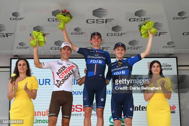 Benoît Cosnefroy of France and Ag2R Citroën Team on second place, race winner Romain Grégoire of France and Team Groupama - FDJ and Michael Storer of...