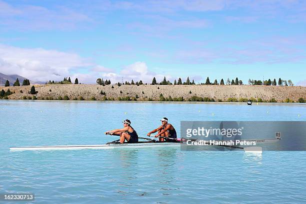 Liam Kettle and Michael Brake of North Shore compete in the Men's Senior 2- final during the New Zealand Rowing Championships at Lake Ruataniwha on...