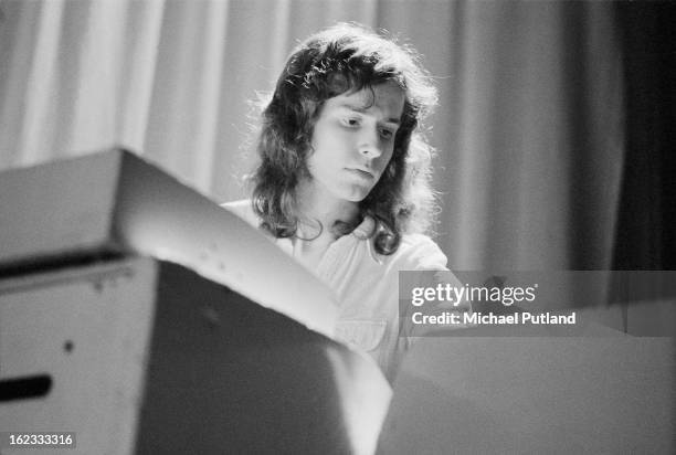 English keyboard player Tony Banks performing with rock group Genesis, Newcastle City Hall, 1st October 1972.