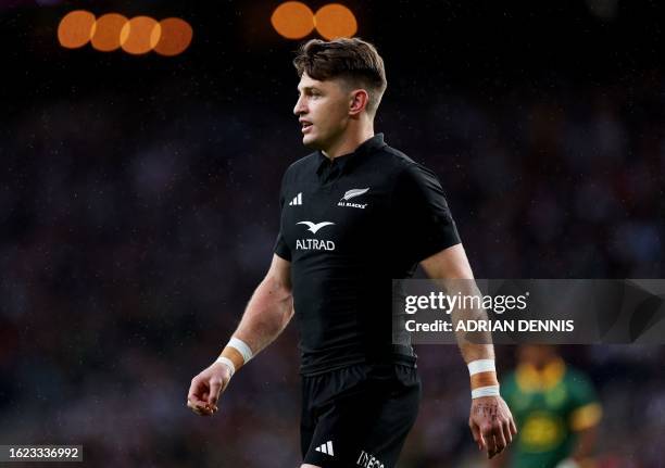 New Zealand's fullback Beauden Barrett during the pre-World Cup Rugby Union match between New Zealand and South Africa at Twickenham Stadium in west...