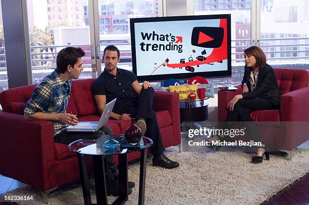 Jackson Harris, Milo Ventimiglia and Shira Lazar attend Milo Ventimiglia Visits "What's Trending" on February 21, 2013 in Hollywood, California.