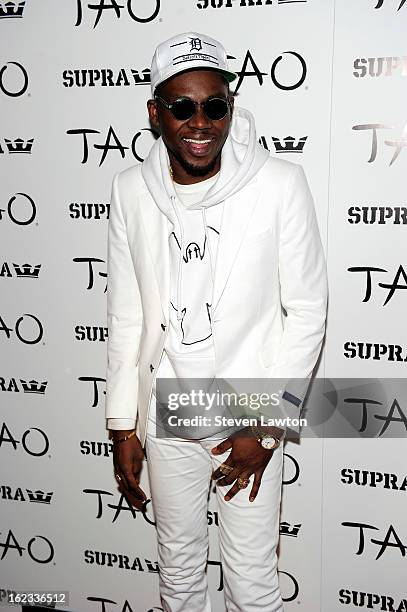 Rapper Theophilus London arrives at a Supra footwear party at the Tao Nightclub at The Venetian Resort Hotel Casino on February 21, 2013 in Las...