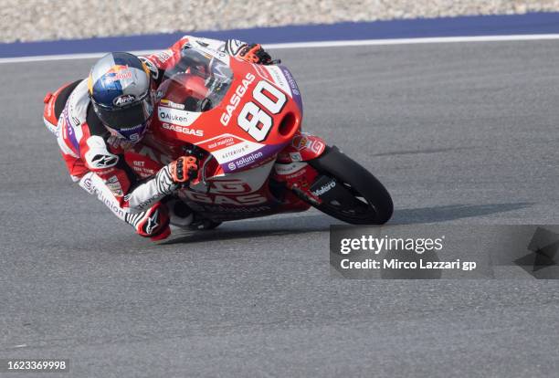 David Alonso of Colombia and GasGas Aspar Teamrounds the bend during the MotoGP of Austria - Free Practice at Red Bull Ring on August 18, 2023 in...