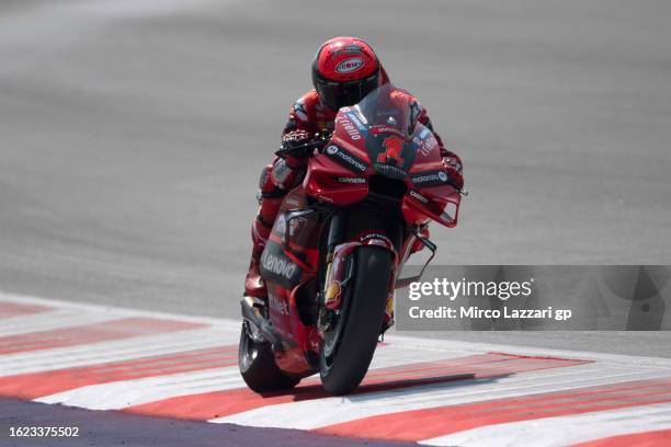 Francesco Bagnaia of Italy and Ducati Lenovo Team heads down a straight during the MotoGP of Austria - Free Practice at Red Bull Ring on August 18,...